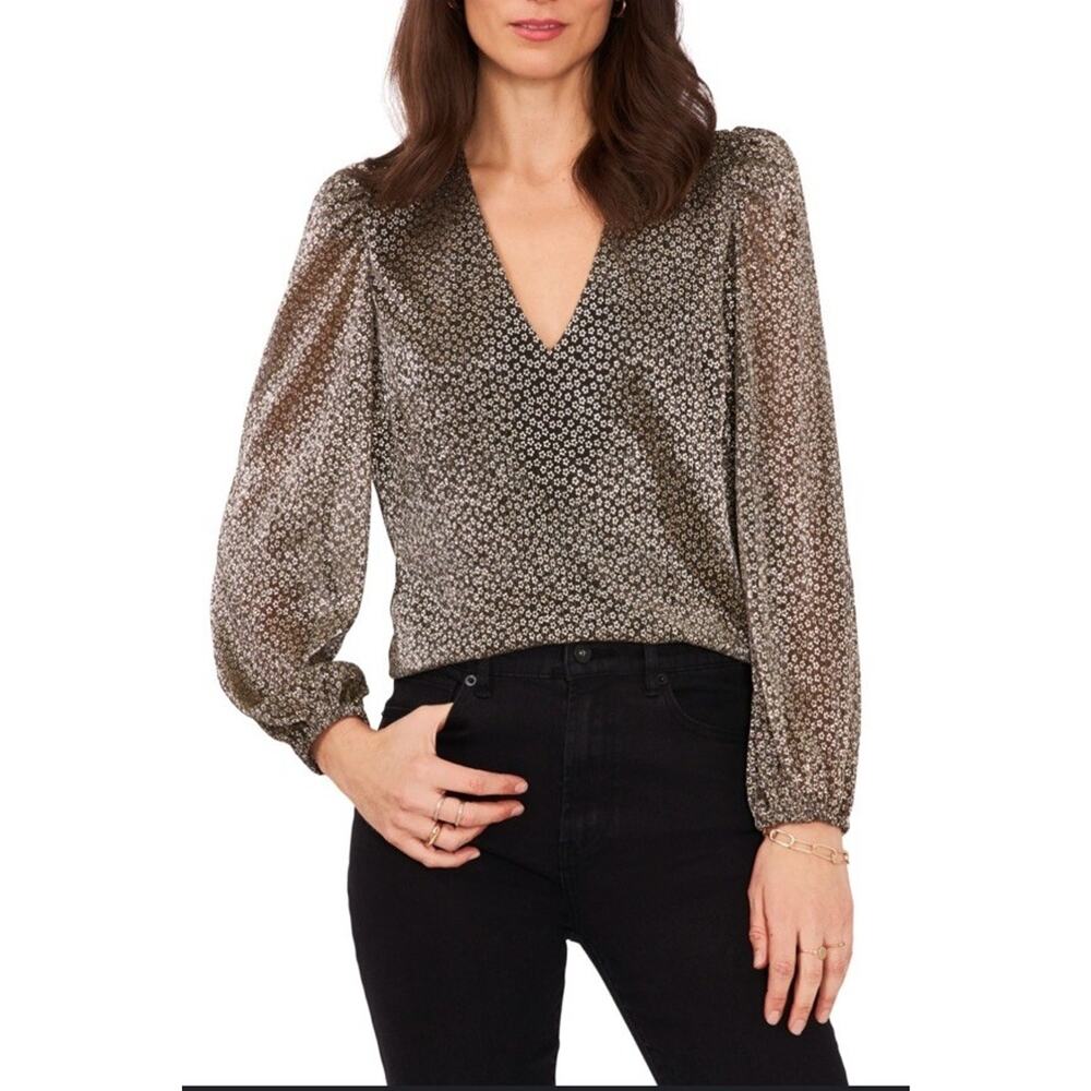 1.STATE Floral Balloon Sleeve Blouse Sz MED Black Glitter Gold Holiday Party
